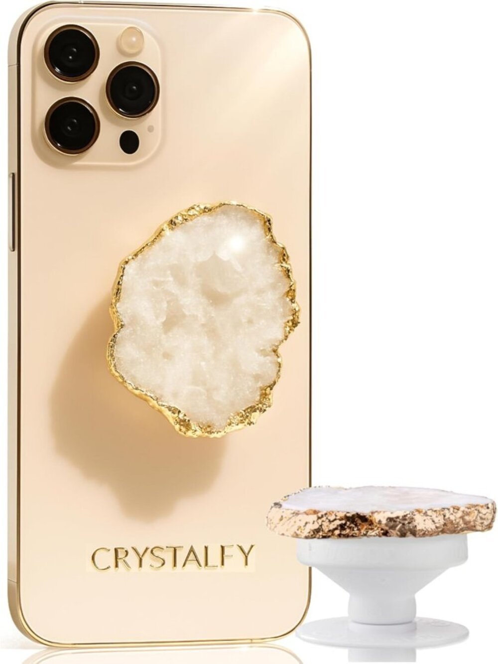 CRYSTALFY Crystal Phone Grip Holder Kickstand White Clear Quartz Druzy Gemstone